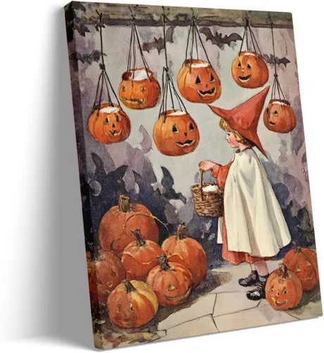 Vista 10 de Bonito arte de pared de gato negro de Halloween, divertido póster de lienzo de luna llena con ojos amarillos y cita de Feliz Halloween