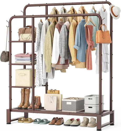 Vista 10 de Perchero de doble barra con estantes de almacenamiento de 4 niveles, perchero para colgar ropa, organizador multifuncional de ropa resistente