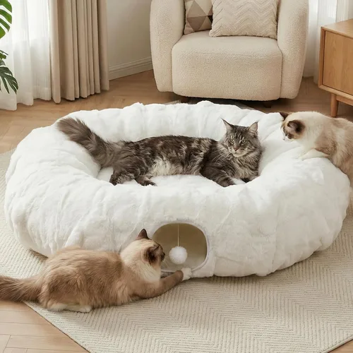 Vista 10 de Cama túnel para gatos de interior, túnel de lino natural refrescante para gatos, túnel transpirable de 29.5 pulgadas para gatos con tapete lavable