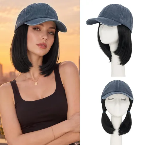 Vista 17 de S-noilite Gorra de béisbol de 6 pulgadas con peluca corta de peinado Bob