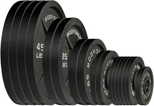 Vista 7 de Body-Solid Juego de platos olímpicos de hierro fundido, placas de mancuernas con agujero estándar de 2 pulgadas para todos los tipos de pesas