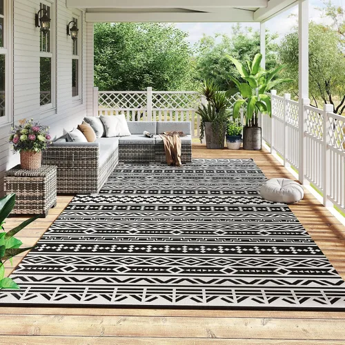 Vista 17 de Outsunny Alfombra de exterior para patio impermeable 9' x 18' rombo negro y Borde rombo negro y gris