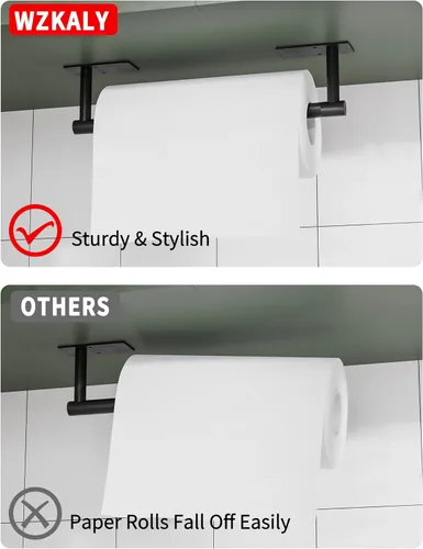 Vista 3 de Toallero de papel para debajo del gabinete, autoadhesivo o montado en la pared, soporte para toallas de papel de acero inoxidable SUS304 para Negro