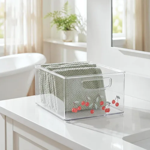 Vista 7 de iDesign Organizador de baño, impresión decorativa, cesta de almacenamiento de plástico apilable para maquillaje y organización de tocador