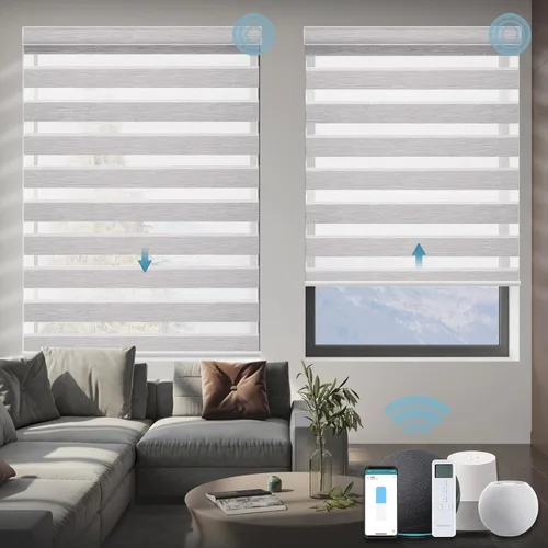 Vista 11 de Persianas motorizadas de cebra, 85 % opacas, automáticas que funcionan con HomeKit, Alexa, Google Home, control remoto, oficina en casa