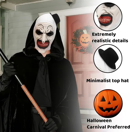 Vista 3 de Halloween Art - Máscara de payaso, disfraz de asesino de terror, máscara de silicona blanca de cara completa
