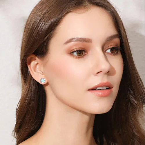 Vista 5 de Aretes de ópalo chapados en oro blanco para mujeres y niñas, aretes de ópalo con halo de circonita cúbica para mujer, Metal, Ópalo creativo