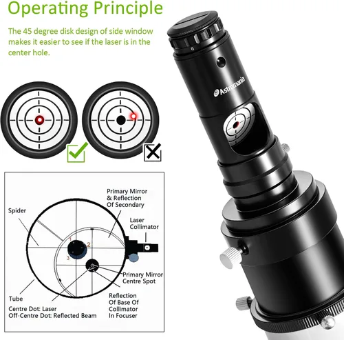 Vista 3 de Astromania Colimador láser para telescopios newtonianos dobsonianos, alineación de telescopios de 1.25 pulgadas, 7 niveles brillantes con adaptador