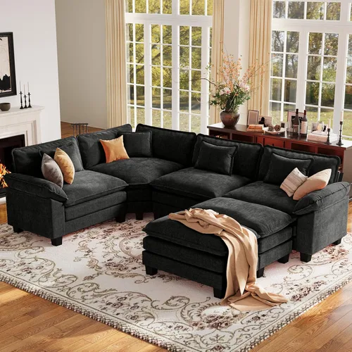 Vista 21 de Sofá modular de gran tamaño de 154 pulgadas, cómodo sofá en forma de U con 3 otomanas móviles, sofá moderno de felpilla de 7 plazas para sala