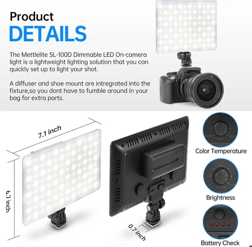Vista 5 de Mettlelite SL100D - Luz de video LED bicolor en la cámara Iluminación de fotografía regulable continua Panel LED de estudio portátil 3200K-5600K