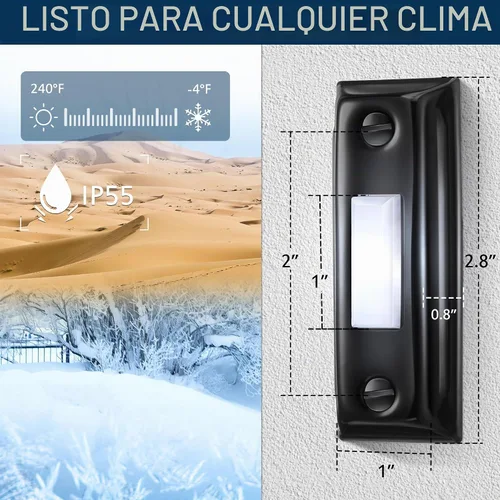 Vista 2 de Dreyoo - Timbre de metal con botón pulsador, timbre LED con cable, luz negra y blanca