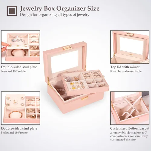 Vista 4 de LANDICI Organizador de joyas para mujeres y adolescentes, estuche grande de almacenamiento de joyas con espejo y bandeja extraíble de 2 capas