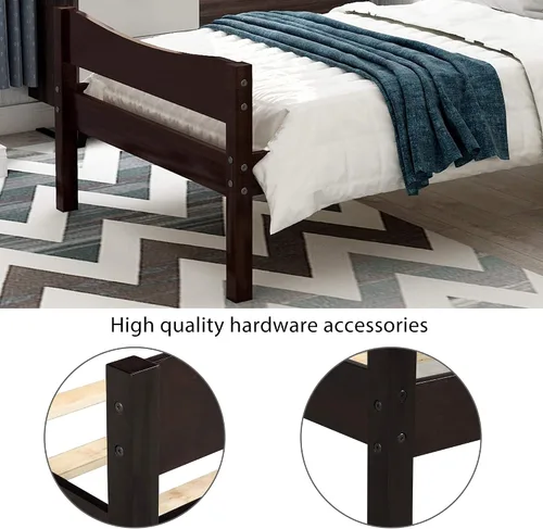 Vista 4 de Anwick Base de cama individual de madera con cabecero y estribo, base de colchón de plataforma con soporte de listones de madera para niños, Espresso