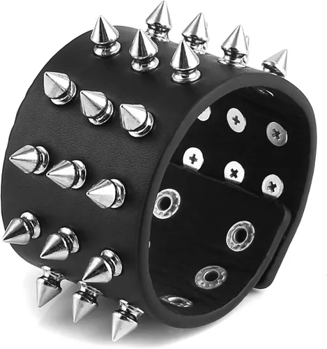 Vista 7 de HZMAN Brazalete unisex negro con pinchos de metal estilo punk/rock, correa ancha de cuero
