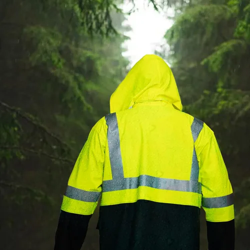 Vista 8 de HAOKAISEN Traje de lluvia para hombre, resistente al agua, alta visibilidad, reflectante, chaqueta de lluvia con pantalones de babero