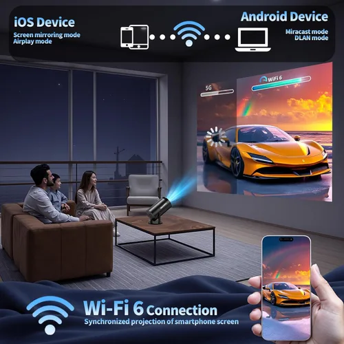 Vista 7 de Mini proyector 4K compatible con 1080P FHD - Keystone automático 270° giratorio, WiFi 6 y Bluetooth 5.2, Smart Android TV OS, proyector portátil