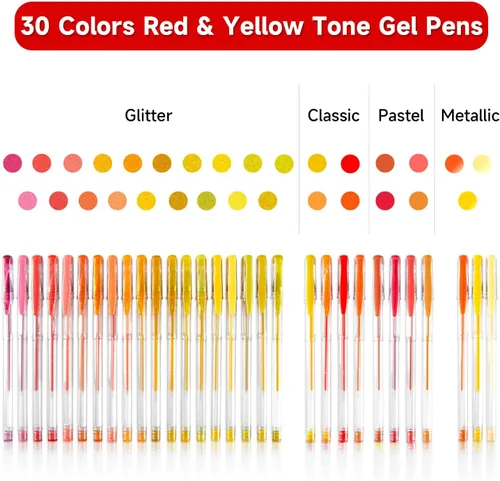 Vista 2 de Shuttle Art Paquete de 60 bolígrafos de gel de tono rojo amarillo, 30 bolígrafos de gel rojo, naranja, amarillo, con 30 recambios para adultos
