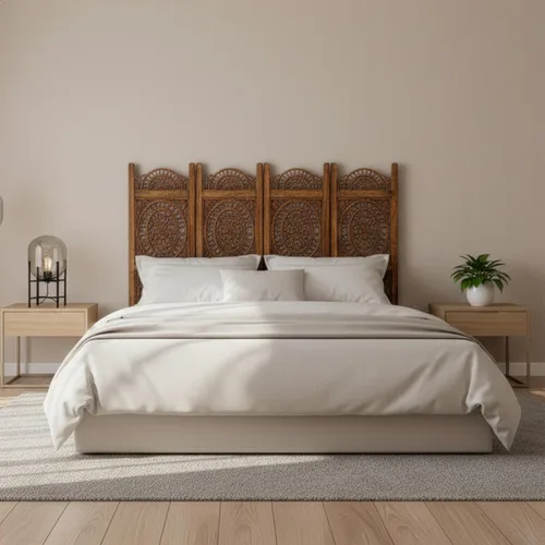 Vista 3 de Lightnpro - Divisor plegable con bisagras de madera con diseño de corazón de madera, 4 paneles con diseños intrincadamente tallados, premontado