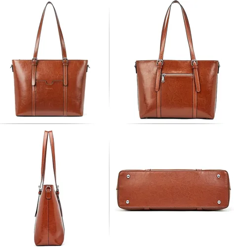 Vista 7 de BOSTANTEN Bolso de mano de cuero para mujer para laptop, bolsa al hombro de oficina, maletín vintage de 15.6 pulgadas, bolso de trabajo