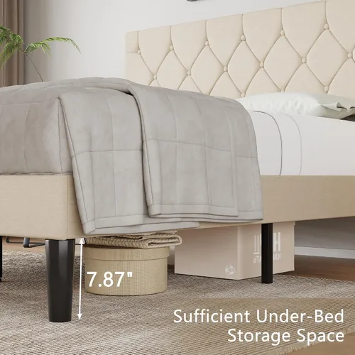 Vista 6 de VECELO Base de cama tamaño completo con cabecera capitoné con botones, plataforma tapizada con soporte de listones de madera, no necesita somier