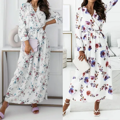 Vista 4 de Vestido de verano para mujer, para playa, con estampado floral, cuello en V, manga larga, vintage, con cinturón