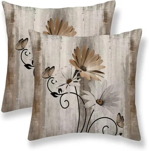 Vista 11 de Juego de 2 fundas de almohada florales de color salvia de 16 x 16 pulgadas, fundas de almohada decorativas con flores de margarita y mariposas
