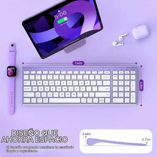 Vista 9 de iClever Teclado Bluetooth BK10 Escritura silenciosa Multidispositivo USB-C Recargable - Teclado inalámbrico delgado para Mac Windows iPad Office