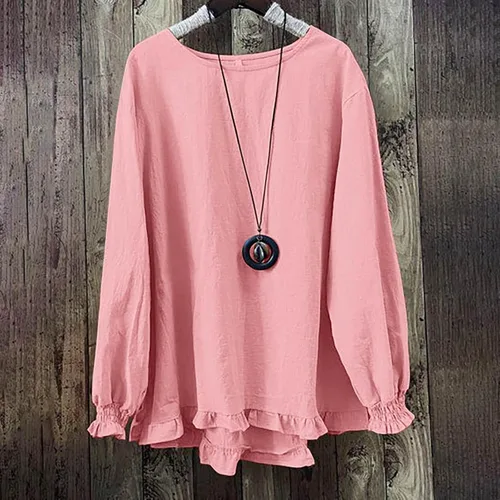 Vista 2 de Lindas camisetas de preppy para mujer, de manga larga, cuello redondo, algodón y lino, color liso, para otoño