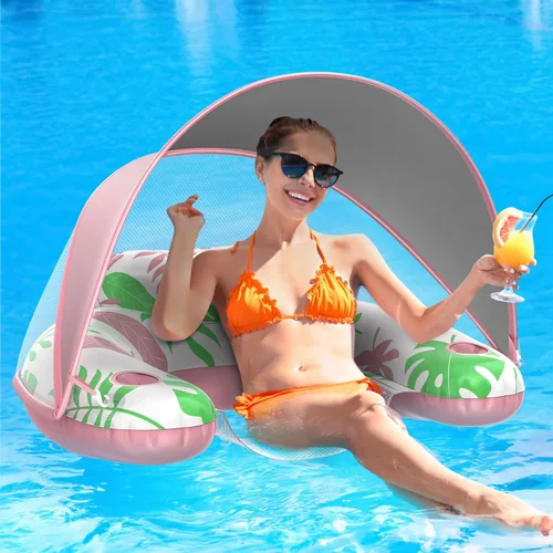Vista 7 de LAYCOL Flotadores de piscina premium para adultos con dosel, elegante tumbona de piscina, flotadores de piscina resistentes para adultos, flotadores