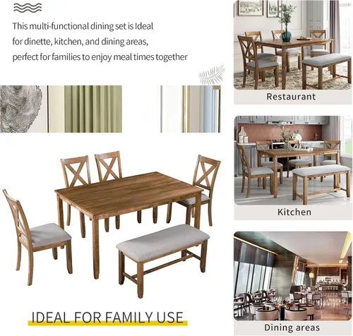 Vista 3 de Quarte Juego de mesa de comedor de 6 piezas, mesa de comedor rectangular de madera maciza, 4 sillas tapizadas y banco, muebles familiares rústicos