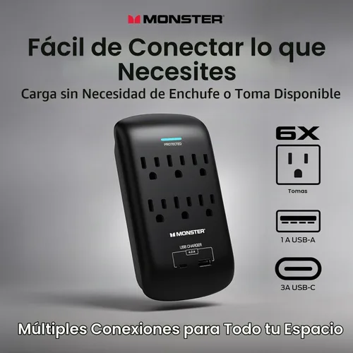 Vista 2 de Monster Protector de sobretensiones de enchufe de pared de 6 tomas, 1200 julios, extensor de toma de pared con 1 puerto de carga USB-A y 1 puerto