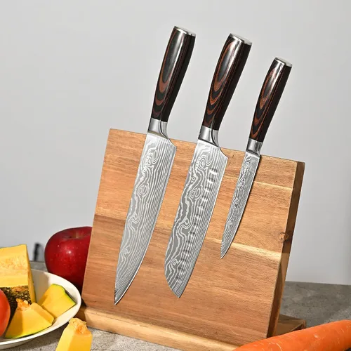 Vista 9 de Juego de cuchillos de chef de cocina profesional, Razor Sharp de acero alemán de alto carbono, 3 piezas, mango ergonómico de madera de Pakkawood