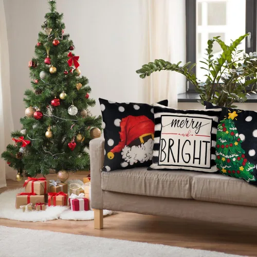 Vista 4 de DIYDEC - 4 fundas de almohada de Navidad de 18 x 18 pulgadas, fundas de almohada de invierno con diseño de árbol de Navidad, sombrero de árbol