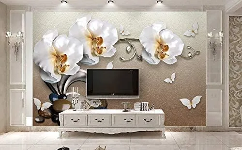 Vista 2 de Murwall 3D Floral Wallpaper White Orchid Wall Mural 3D Pebble Wall Print White Butterfly Wall Art Classical Home Decor