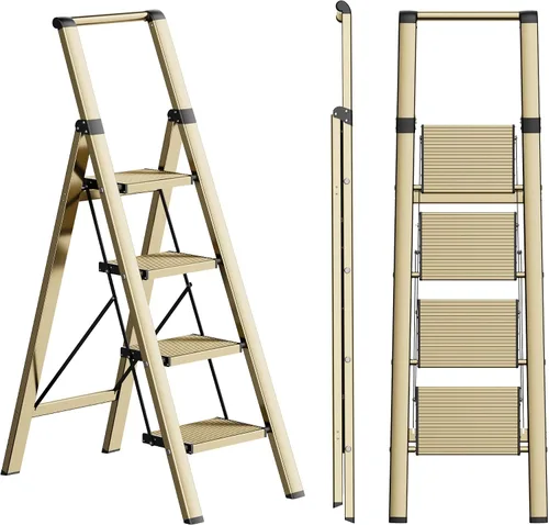 Vista 10 de SOLADDER Escalera de 3 escalones, taburete plegable ligero, grano de madera Woodgrain