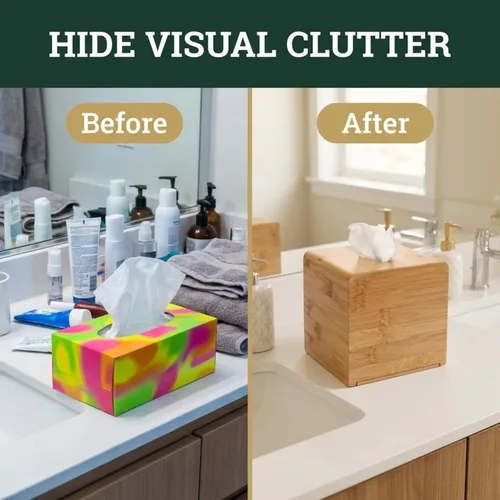 Vista 3 de Performore Funda cuadrada de bambú para caja de pañuelos, elegante soporte de papel facial de madera resistente al agua para baño, escritorio