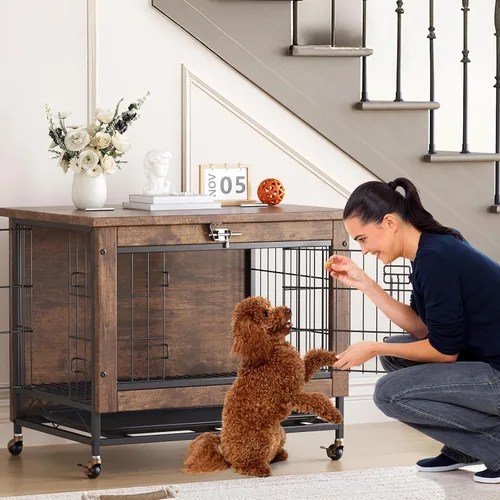 Vista 9 de Mueble de jaula para perros pequeños con ruedas, perrera de madera resistente de 2 puertas, para interiores, mesa auxiliar de jaula para perros