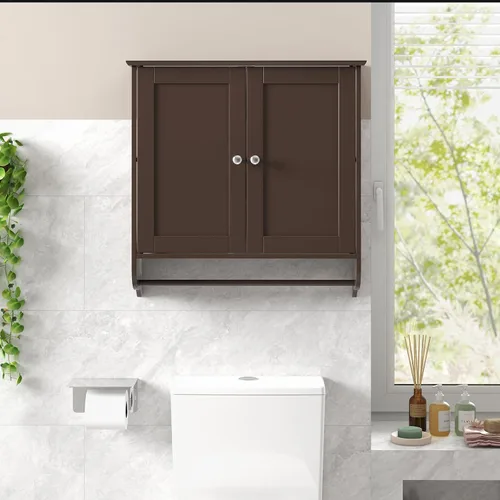Vista 8 de Giantex Armario de baño montado en la pared, botiquín sobre el inodoro con puertas dobles, estante ajustable y barra de toallas, armario