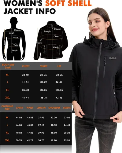 Vista 6 de ARRIS Chaqueta térmica para mujer, impermeable, con batería de 7,4 V y capucha desmontable, 8 zonas de calefacción