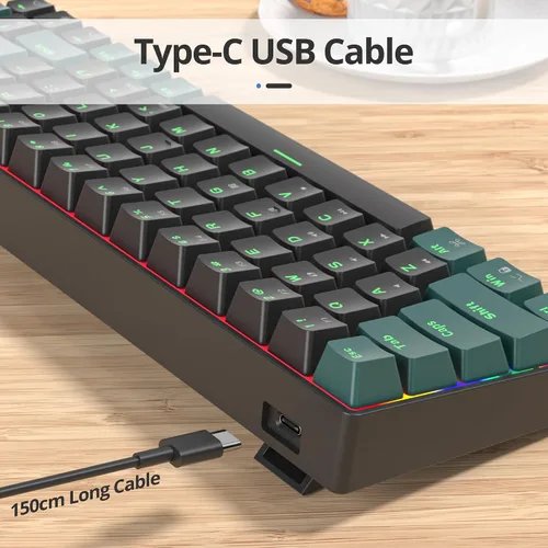 Vista 5 de Teclado mecánico compacto 65% para juegos, interruptores rojos lineales retroiluminados con LED, mini teclado con cable para computadora portátil