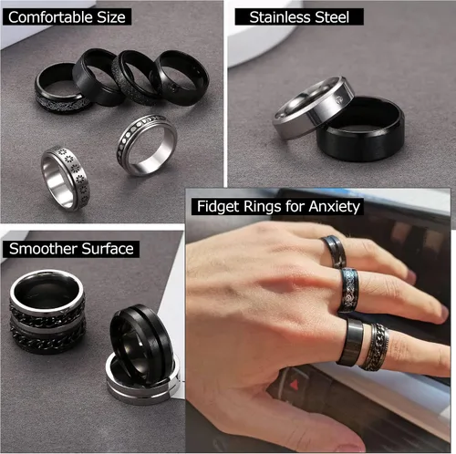 Vista 2 de IRONBOX 16 anillos de acero inoxidable para hombres y mujeres, anillos antiestrés para la ansiedad, anillos de cadena giratoria, anillos de boda