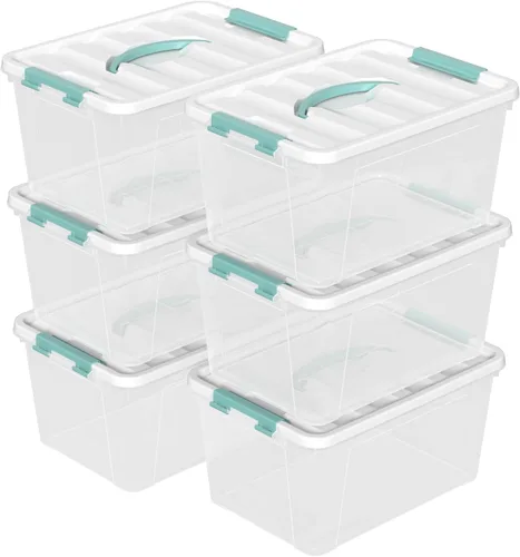 Vista 9 de Caja de plástico transparente de 10 L, contenedor de almacenamiento de plástico con tapas, paquete de 4 Clear Plastic Material, Snap Side Latches