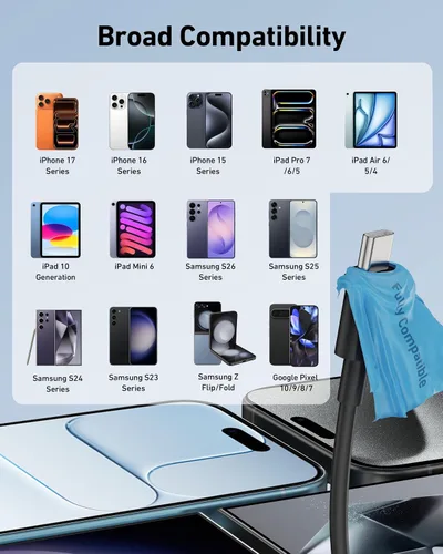 Vista 4 de Cable Carplay de coche para iPhone 17/17 Pro/Air/17e/16/15 Pro Max/Plus, 2 unidades USB A a USB C para CarPlay USBC, iPad, Galaxy, Pixel, accesorios