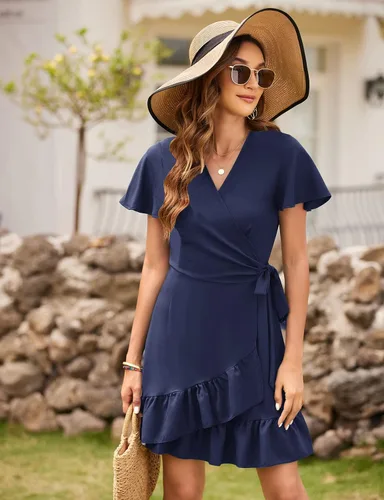 Vista 4 de Naggoo - Vestido de verano con diseño cruzado, cuello en V, estampado de lunares o floral, volantes, manga corta, cinturón, corto, para mujer