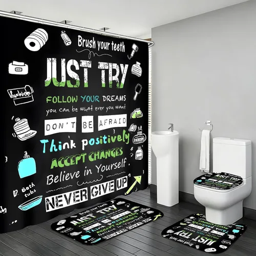 Vista 8 de Juego de cortinas de ducha familiares AZHM Negro para baño con cortina de ducha y alfombras y accesorios Decoración de baño con cortina y 12 ganchos