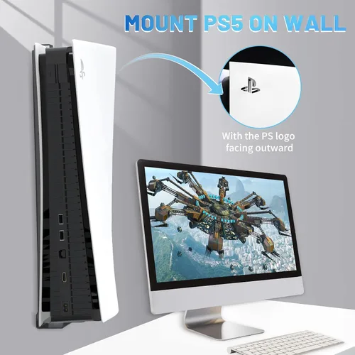 Vista 6 de Allnice Soporte de pared para PS5 soporte de pared para PlayStation 5 disco y edición digital soporte de pared resistente de acero para PS5