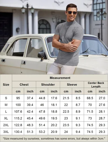 Vista 6 de COOFANDY Suéter de cuello alto falso para hombre, de manga corta, color sólido, básico, ajustado, de punto