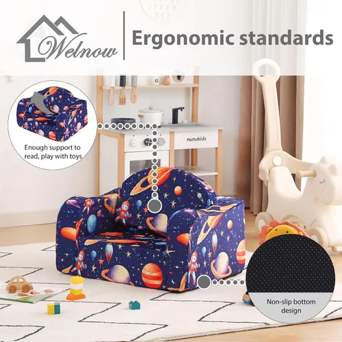 Vista 6 de Welnow Sofá infantil 2 en 1, silla convertible para niños, sofá abatible para niños con reposabrazos ondulados, sofá plegable para juegos para niños