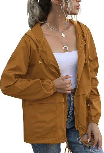 Vista 32 de PESION Chaqueta impermeable ligera para mujer, rompevientos con capucha y bolsillo para exteriores Verde militar