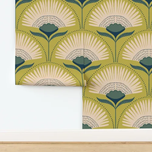 Vista 4 de Muestras de papel tapiz para despegar y pegar, diseño Art Deco de flores verdes, geométrico, divertido, jumbo, papel tapiz extraíble personalizado